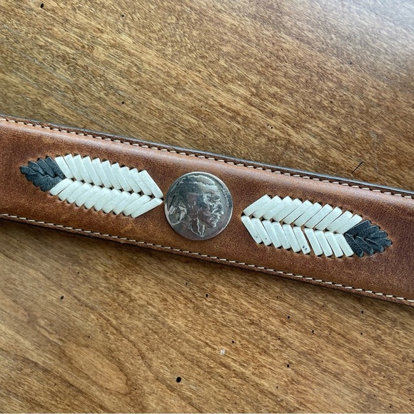 Vintage Buffalo & Indian Head Coin Concho Western Gray & Brown Leather Belt 34" - Picture 6 of 14